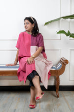 RANG - Cherry Color Block Pure Silk Co-ord set (Loose Fit / One Size)