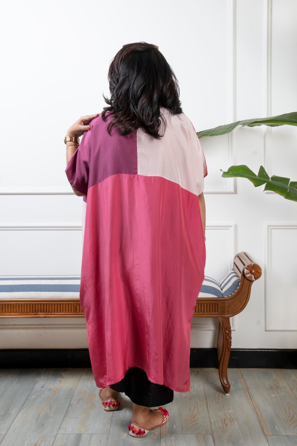 RANG - Cherry Color Block Pure Silk Co-ord set (Loose Fit / One Size)