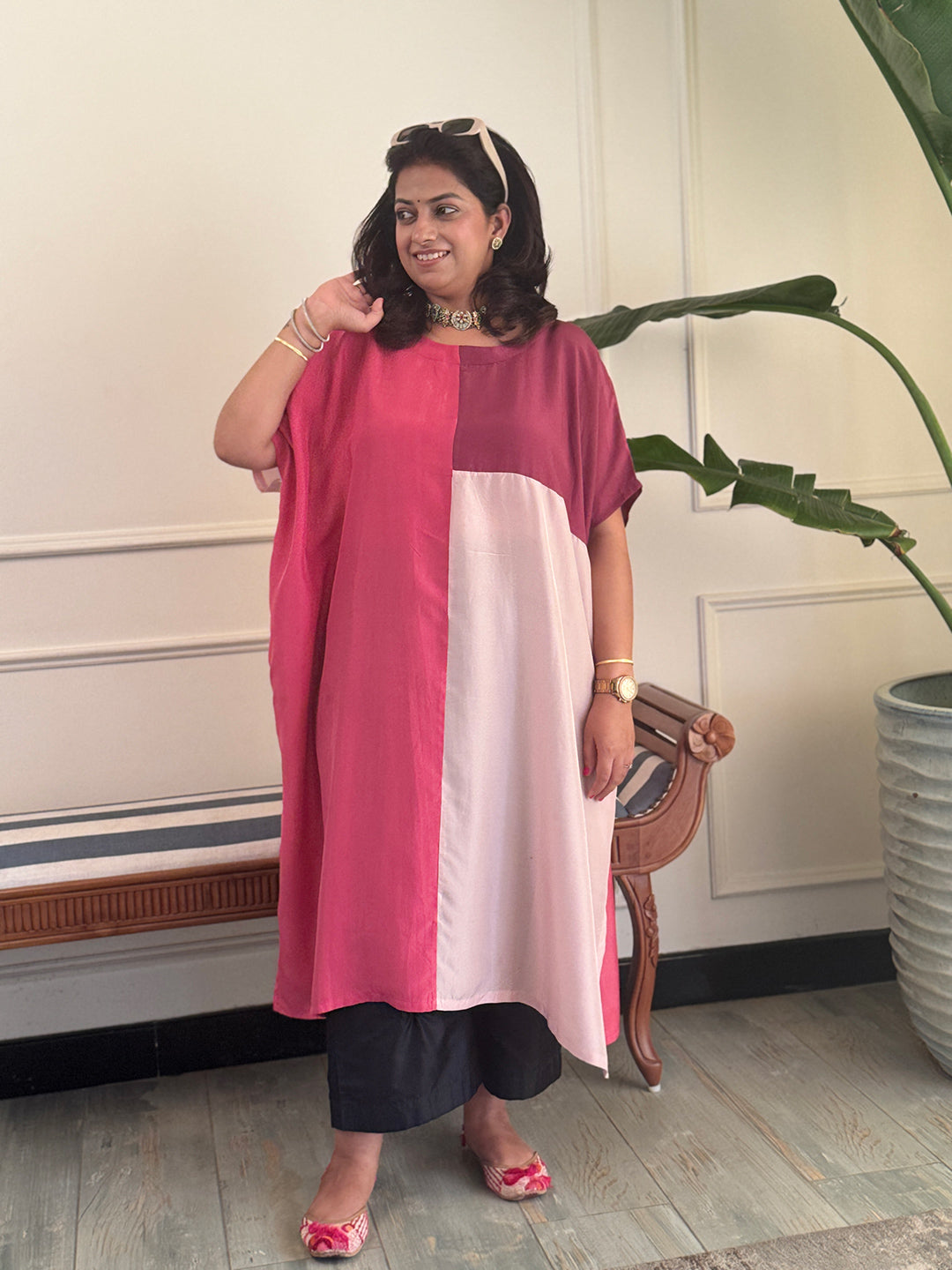 RANG - Cherry Color Block Pure Silk Co-ord set (Loose Fit / One Size)