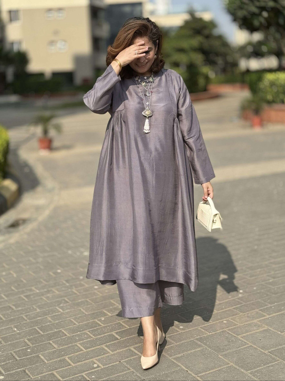 Meera - Slate Grey Pure Silk Kurta with Pants