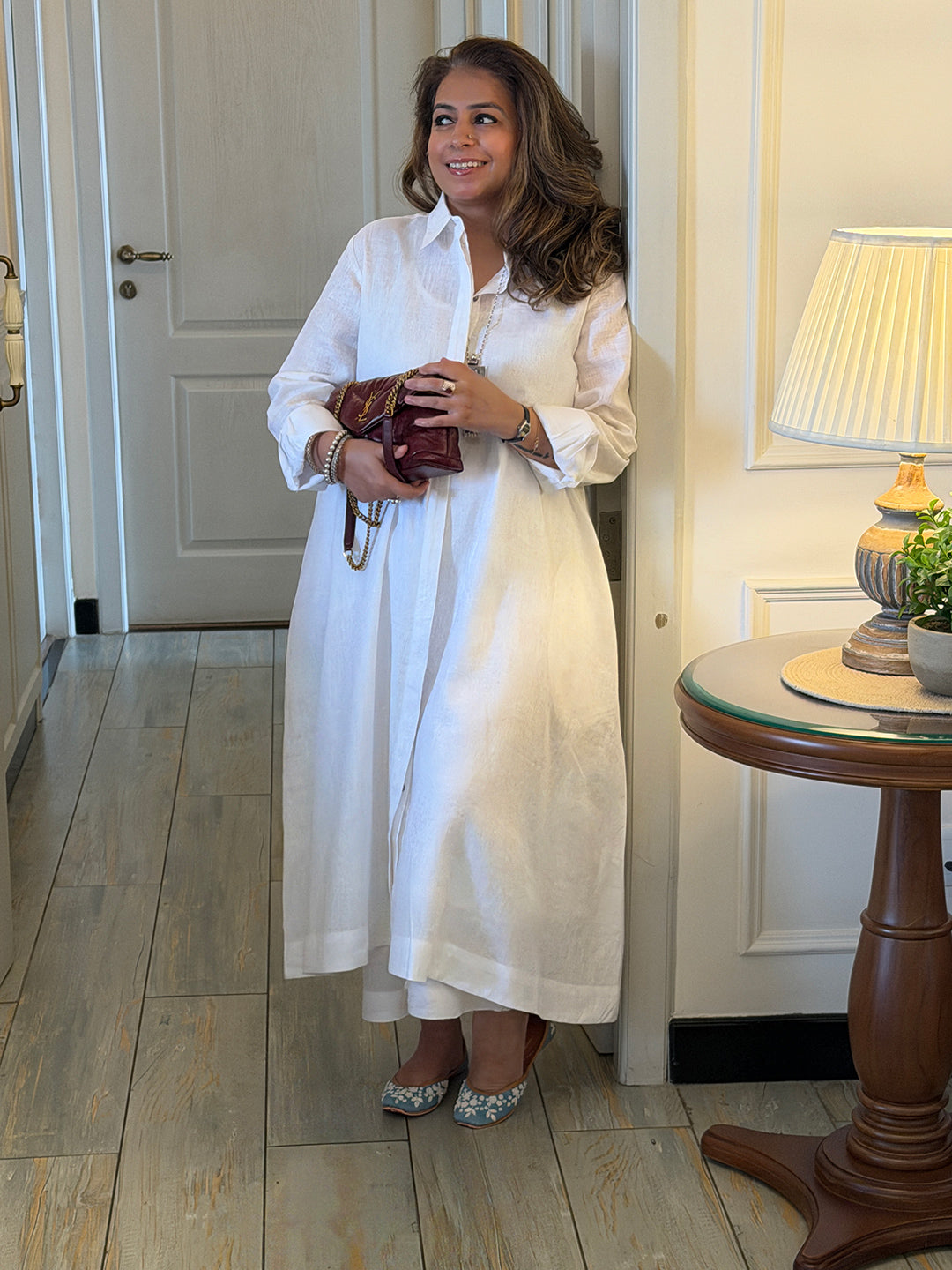 Navya - Snow White Pure Linen Kurta Set