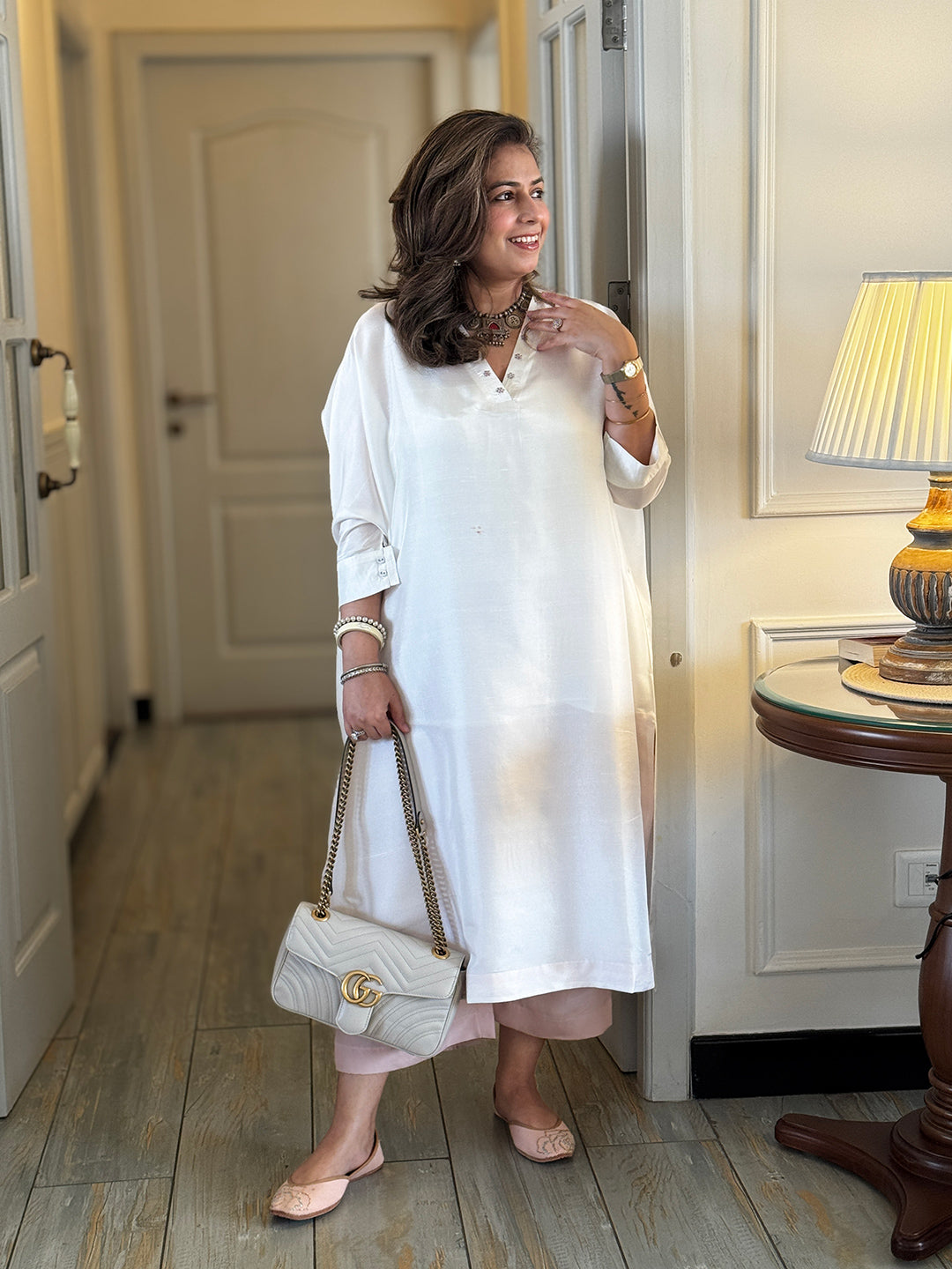 PARV - Safed Pure Silk Embroidered Kurta set (Loose Fit / One Size)