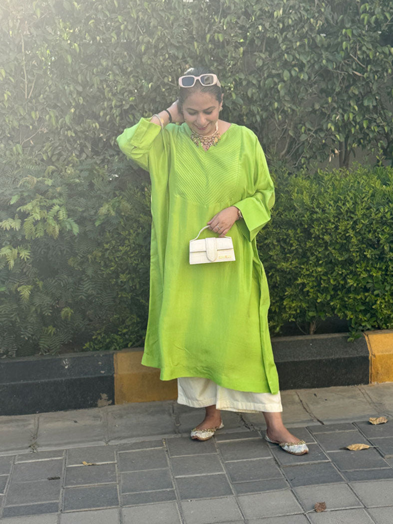 MOKSHA - Fluorescent Green Pure Silk Co-ord set (Loose Fit / One Size)