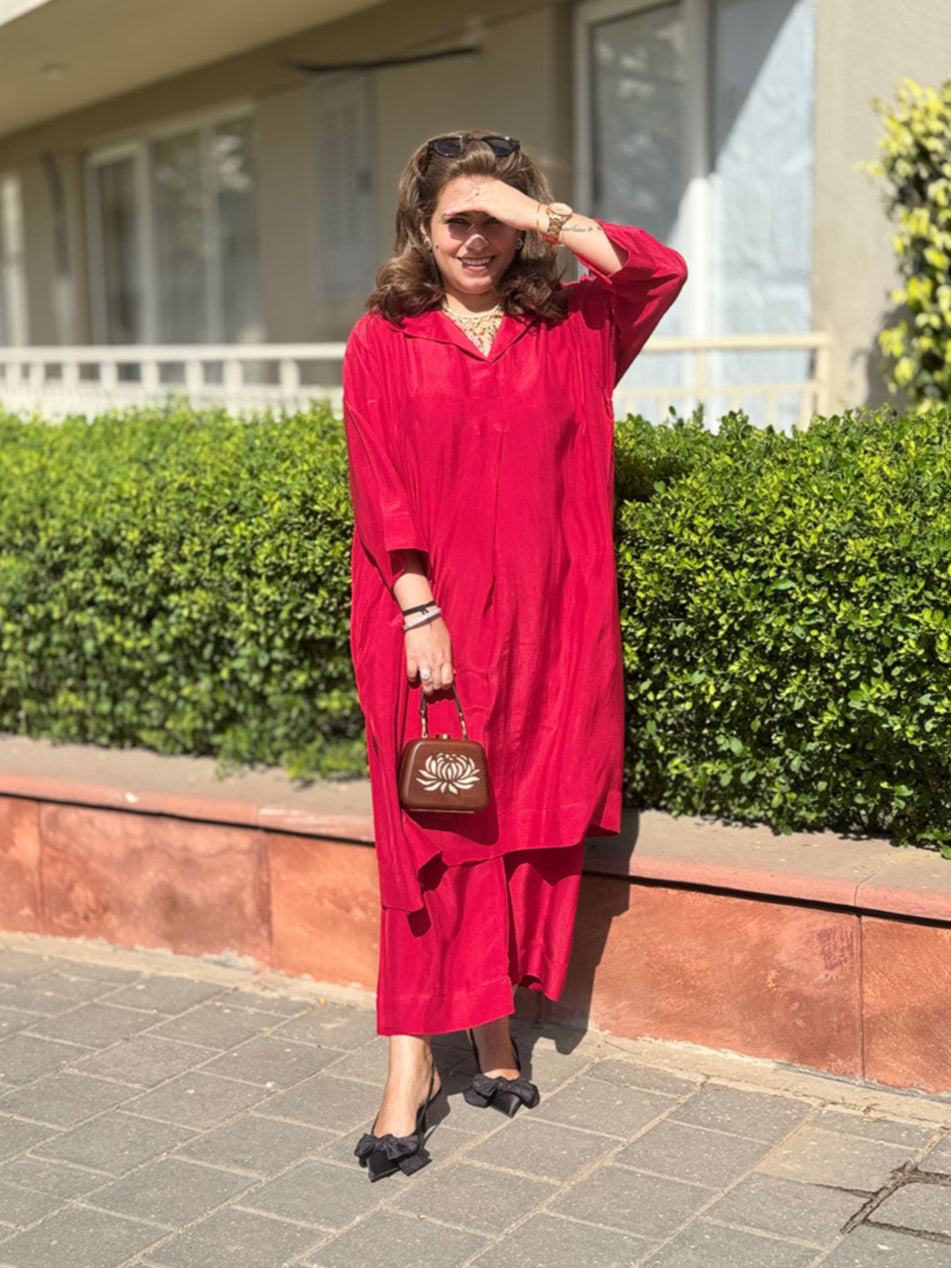 Maala -Ruby Red Silk Loose Fit Kurta with Pants