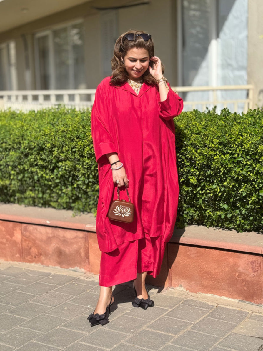Maala -Ruby Red Silk Loose Fit Kurta with Pants