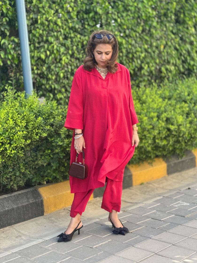 Maala -Ruby Red Silk Loose Fit Kurta with Pants