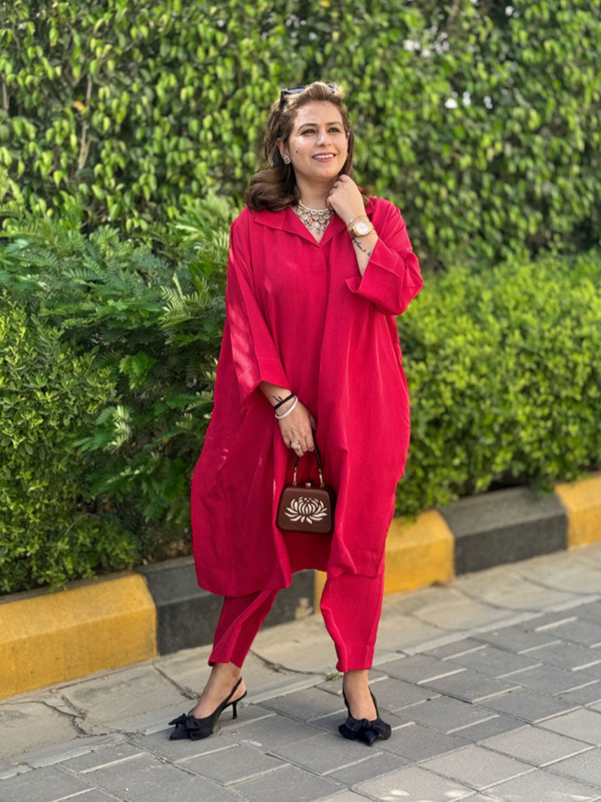 Maala -Ruby Red Silk Loose Fit Kurta with Pants