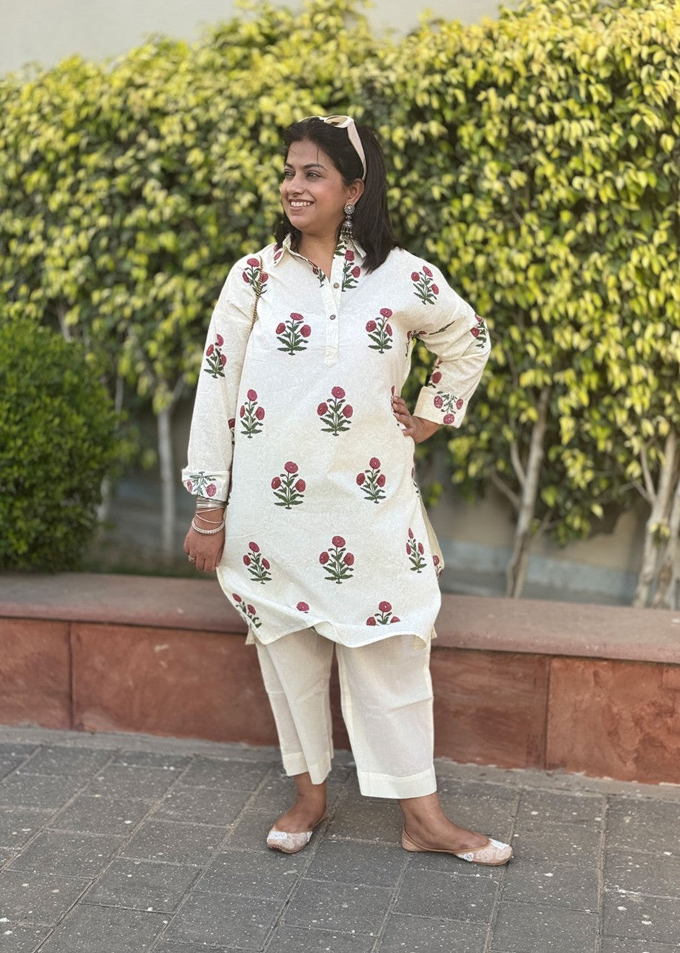 White and Red cotton Kurta