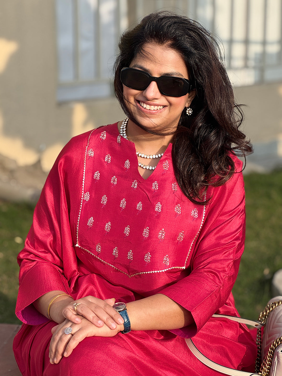 PARV - Deep Crimson Silk Embroidered Kurta set (Loose Fit / One Size)