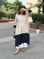 RANG - Beige Color Block Pure Silk Kurta / Kurta Set
