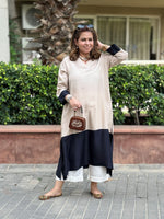 RANG - Beige Color Block Pure Silk Kurta / Kurta Set