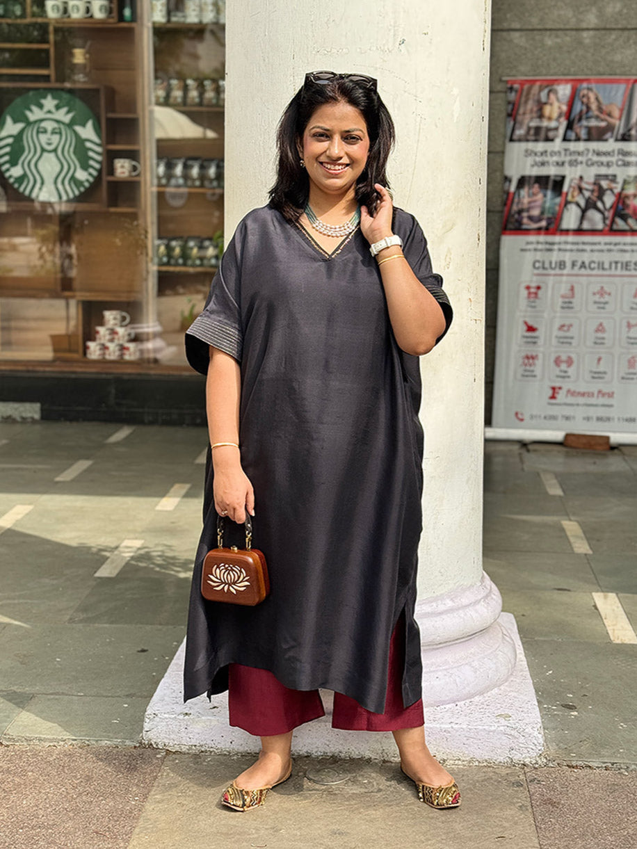 ZARIN - Noir Pure Silk Kurta set (Loose Fit / One Size)