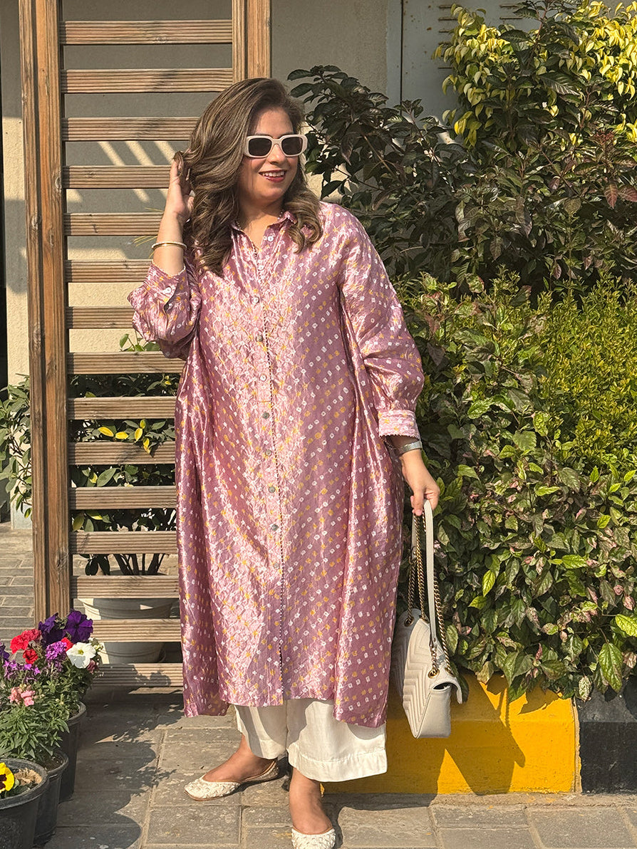 REET - Mauve Bandhej Silk Kurta (Anti Fit / One Size)
