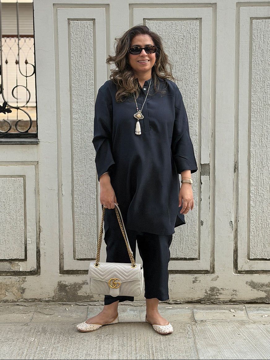 RAAGA - Jet Black Pure Silk Kurta Set