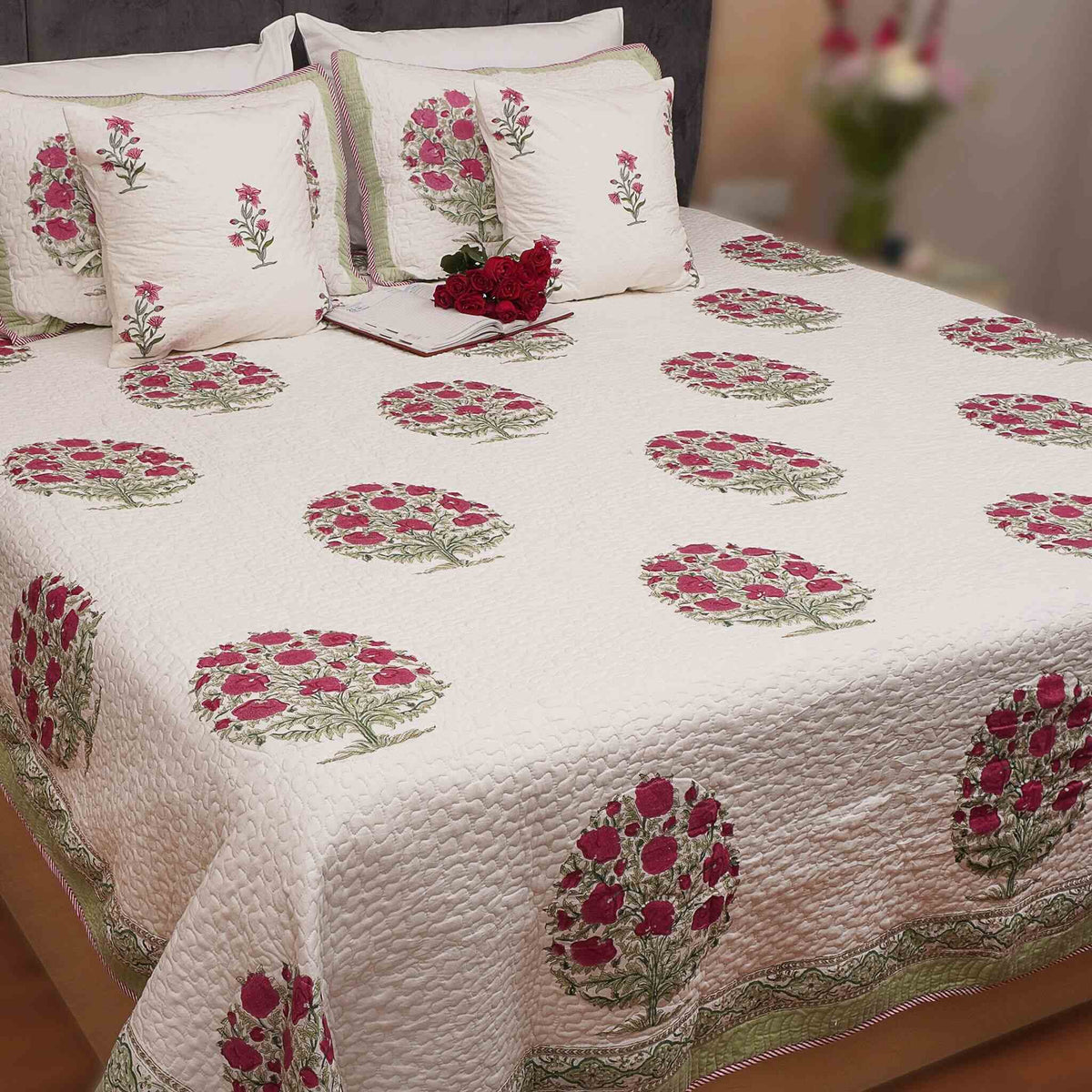 Camellia Japonica Reversible Quilted Bed Cover