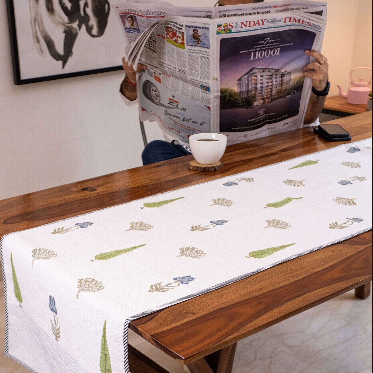 Fulwari Cotton Pique / Jacquard Table Runner - for 6 Seater Dining Table