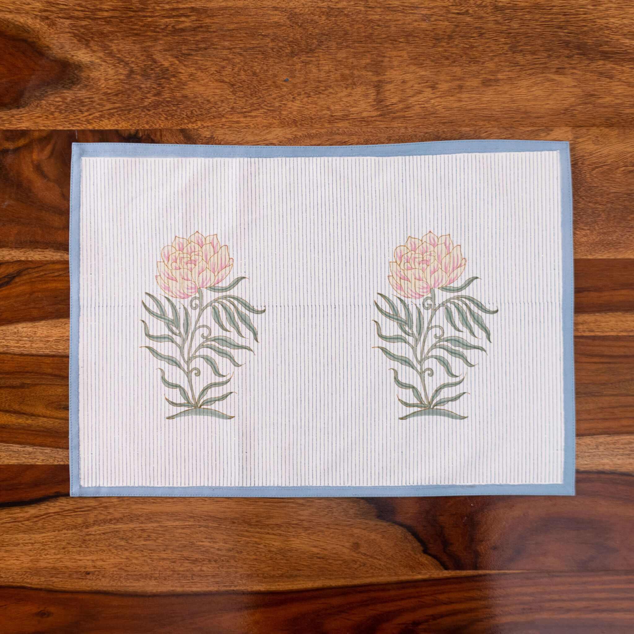 Fulwari Rose Cotton Canvas Dining Table Mats and Napkins Set - (6+6)