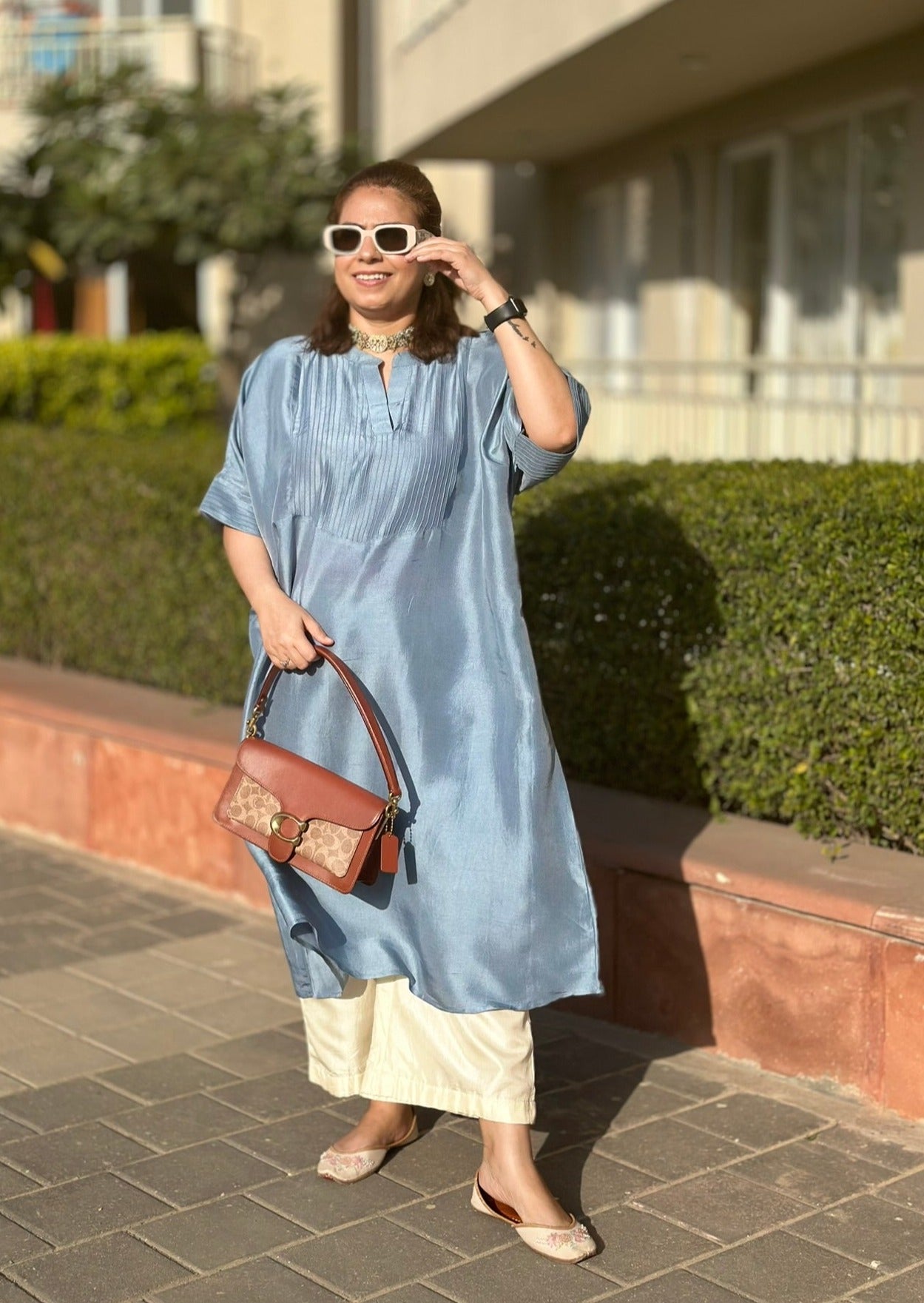 MEHER Steel Blue Pure Silk Co-ord set (Loose Fit / One Size)