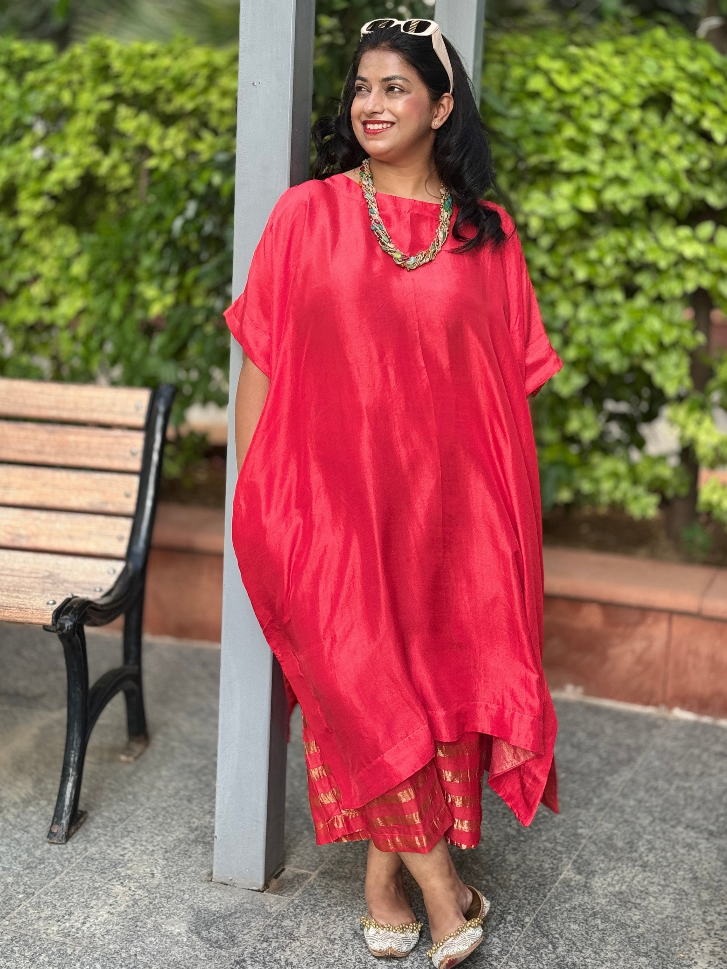 ZARIN - Ruby Red Pure Silk Co-ord set (Loose Fit / One Size)