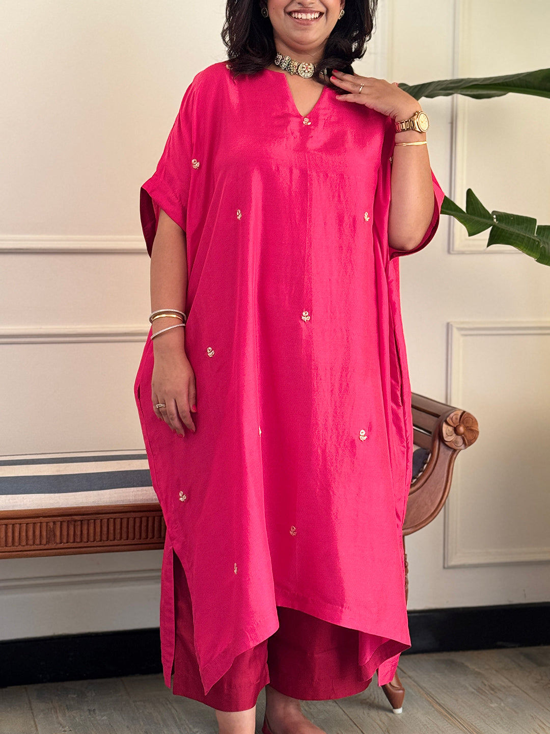 PARV - Gulal Pure Silk Embroidered Kurta set (Loose Fit / One Size)