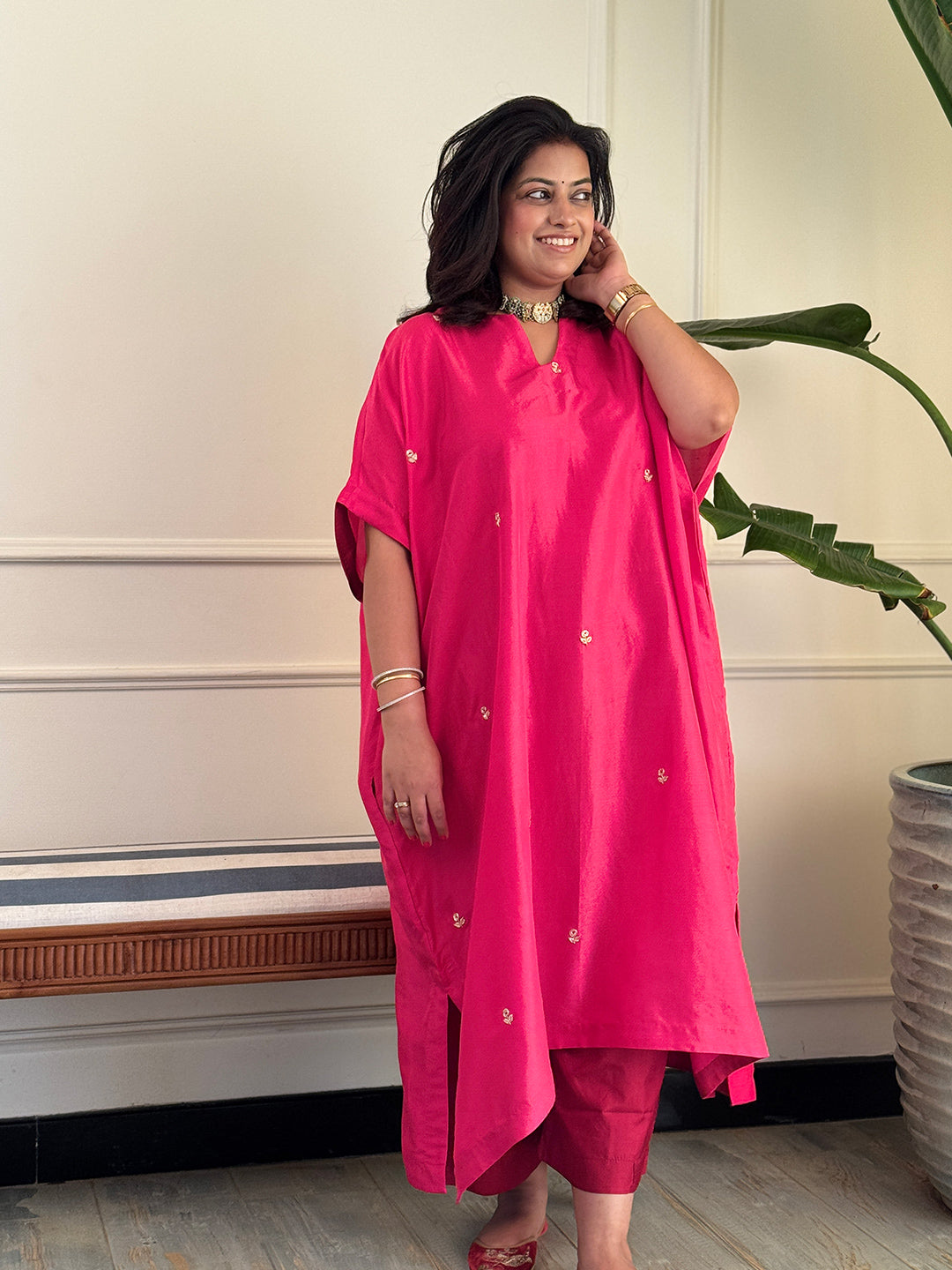 PARV - Gulal Pure Silk Embroidered Kurta set (Loose Fit / One Size)