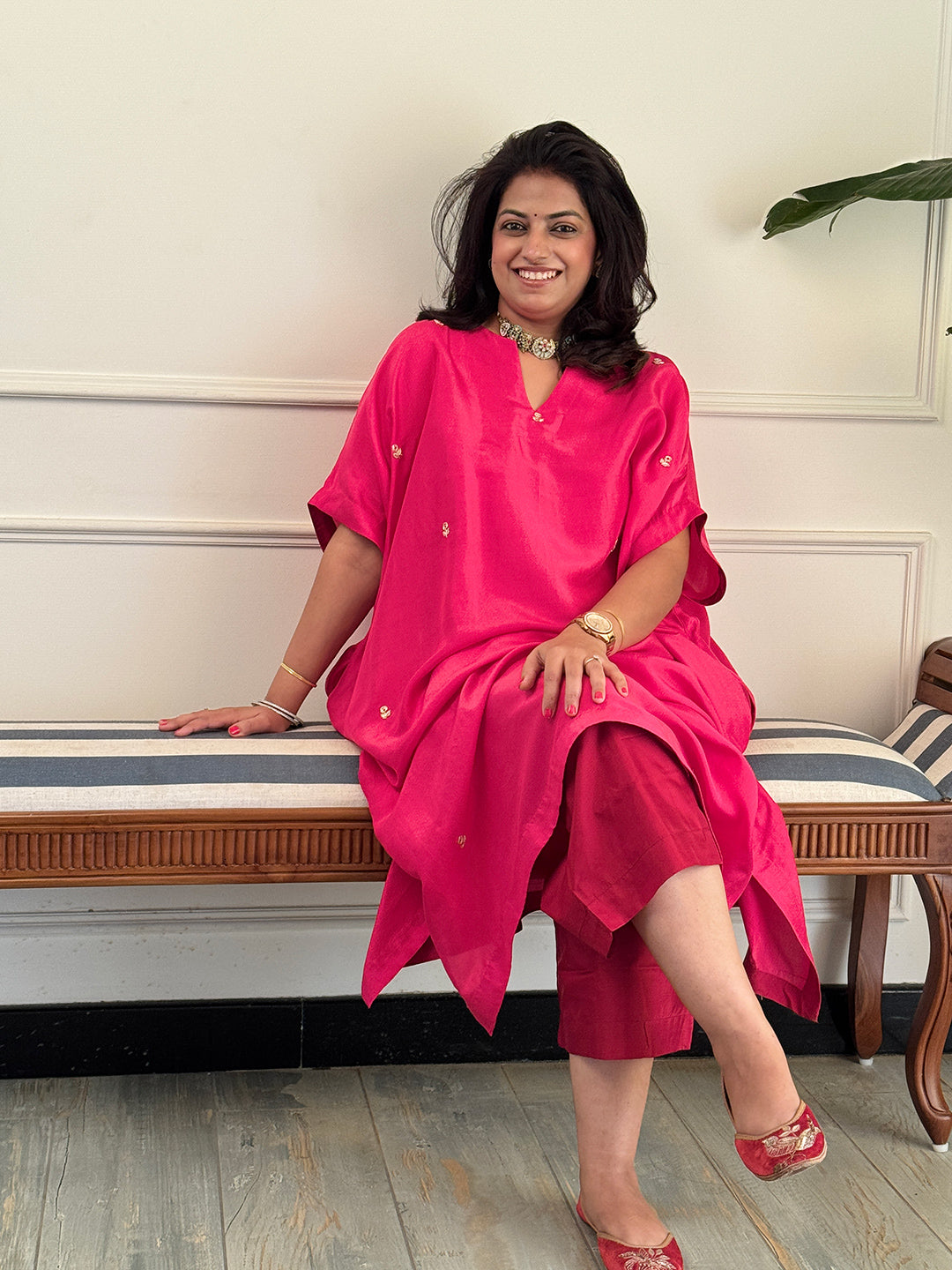 PARV - Gulal Pure Silk Embroidered Kurta set (Loose Fit / One Size)