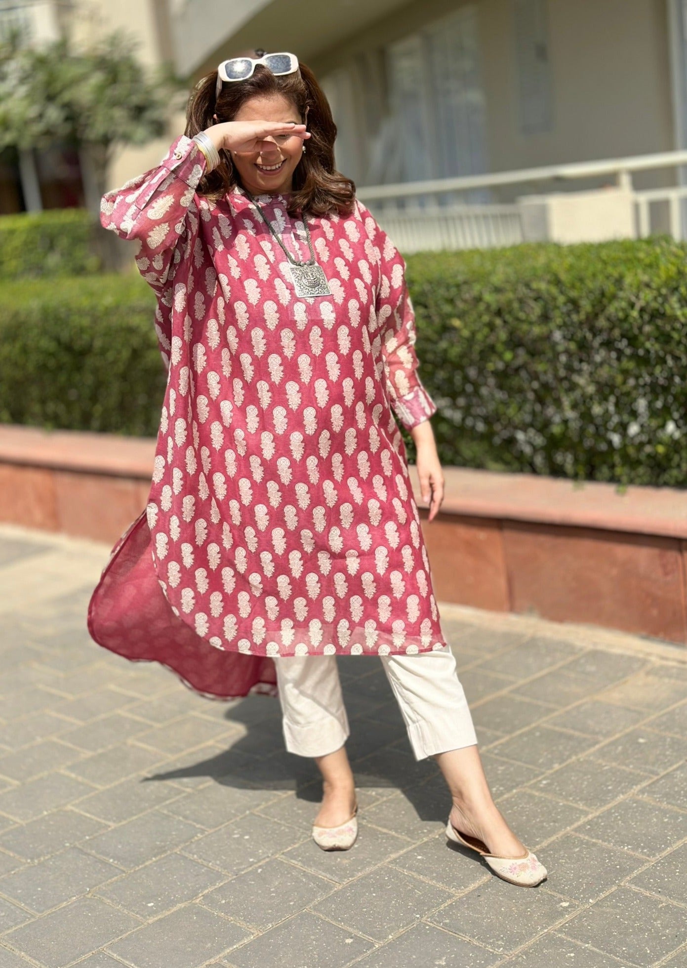 Booti Kurta Set (Loose Fit / One Size) - Wine Pink