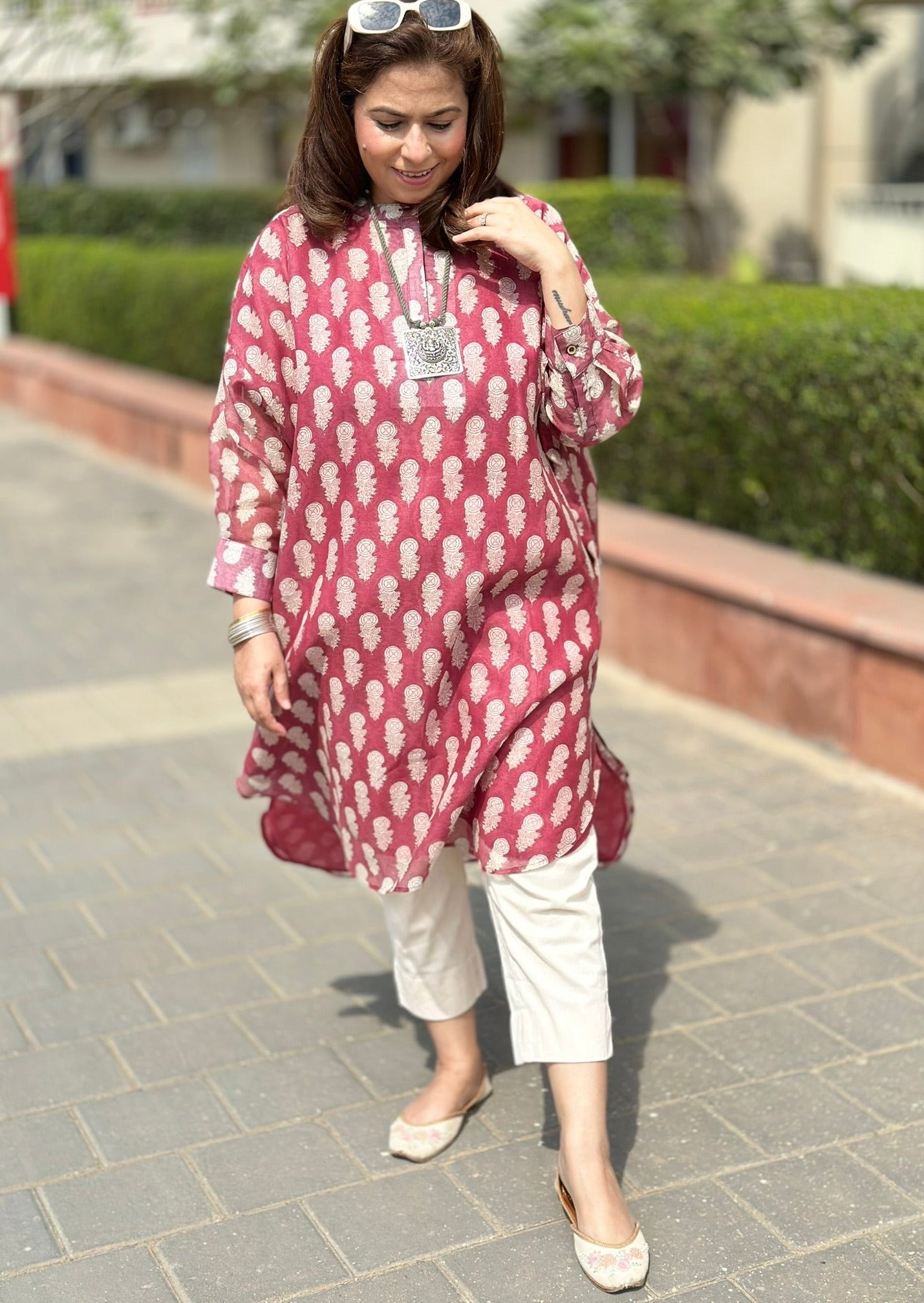 Booti Kurta Set (Loose Fit / One Size) - Wine Pink