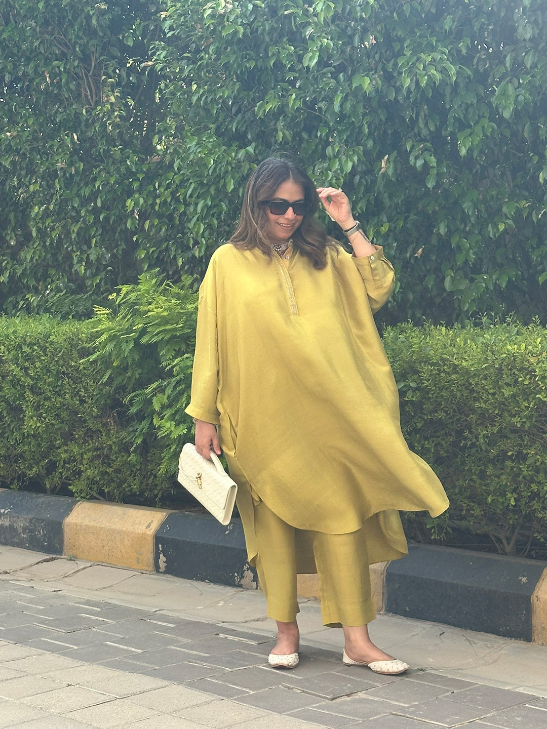 Neera - Lime Green Silk Embroidered Kurta (Loose Fit / One Size)