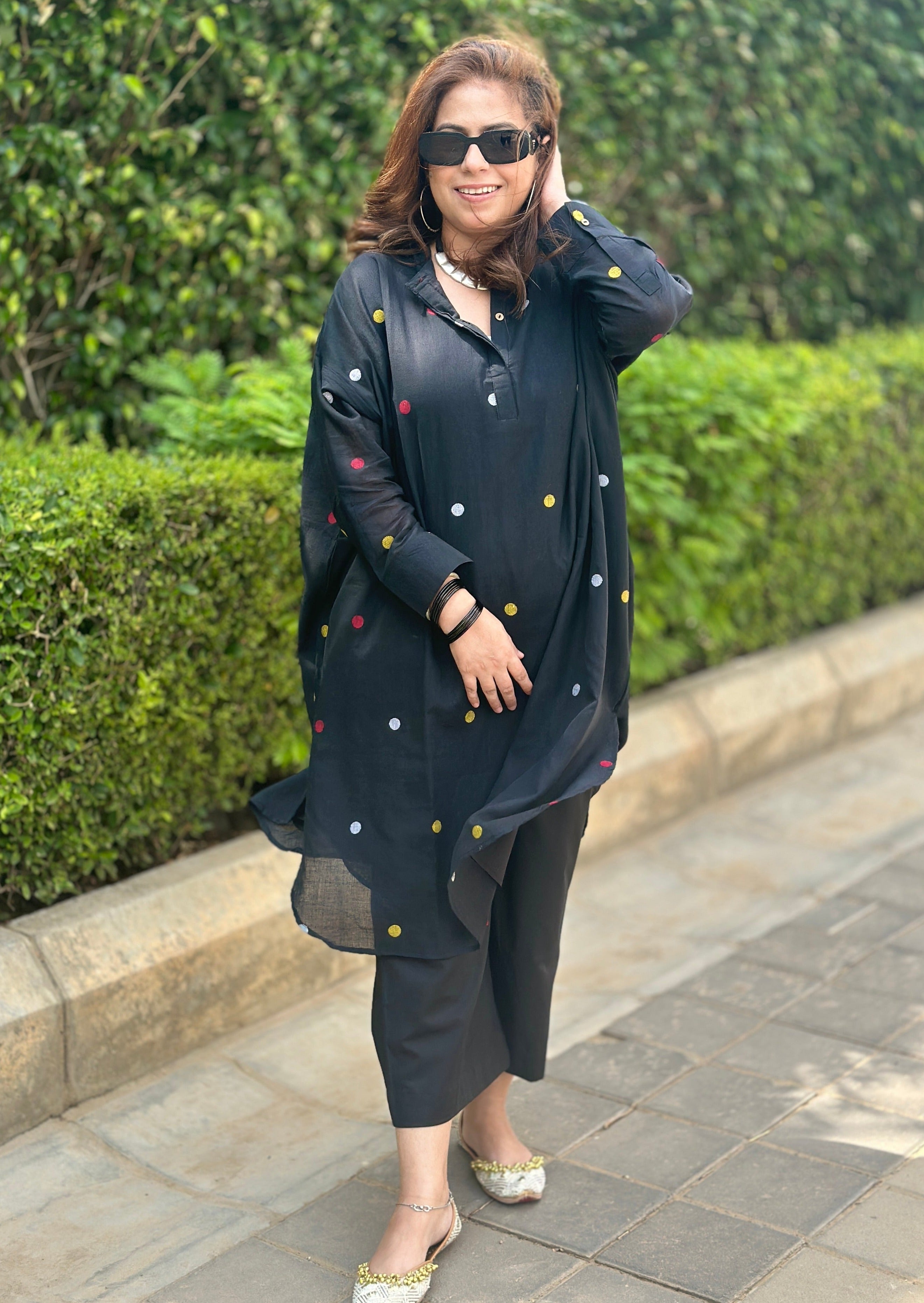 Comfy Cotton Kurta Set (Loose Fit / One Size) - Black