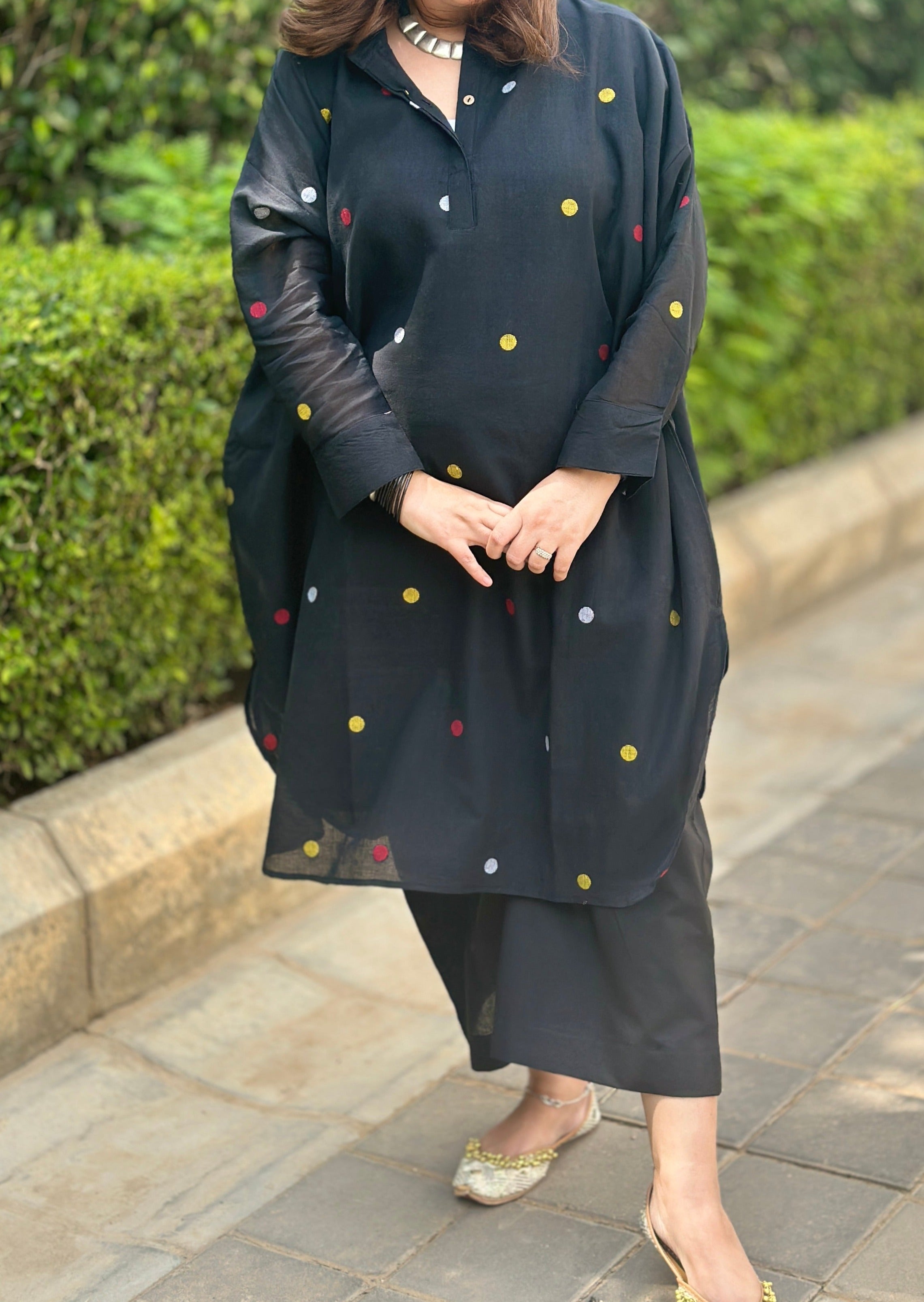 Comfy Cotton Kurta Set (Loose Fit / One Size) - Black