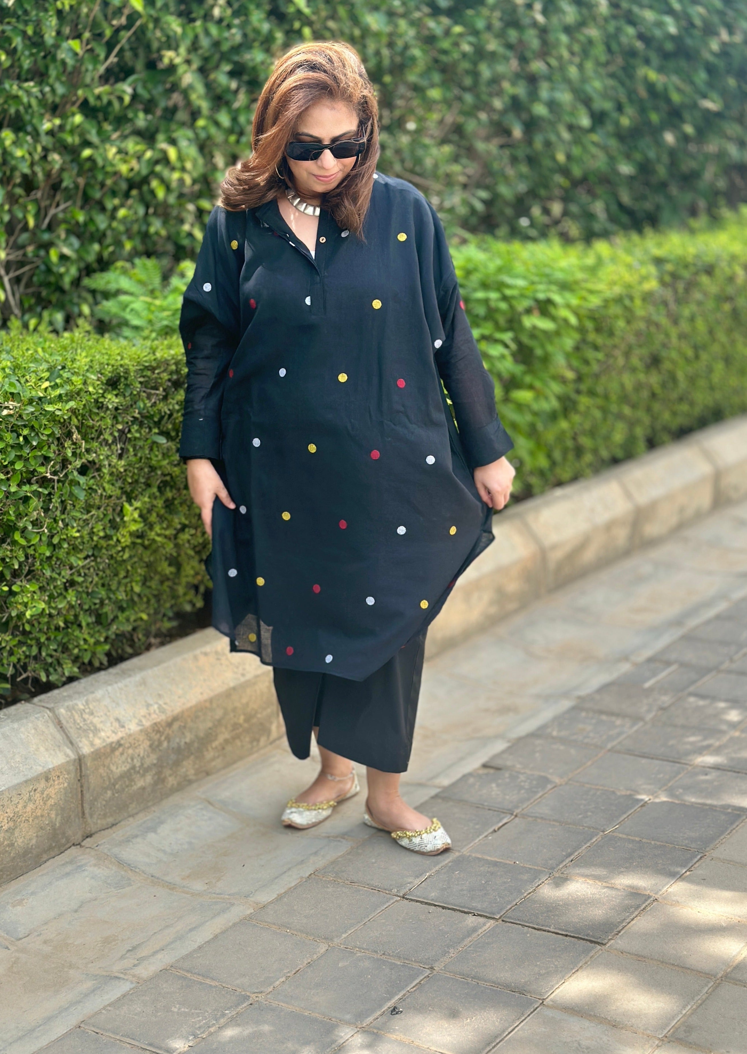 Comfy Cotton Kurta Set (Loose Fit / One Size) - Black