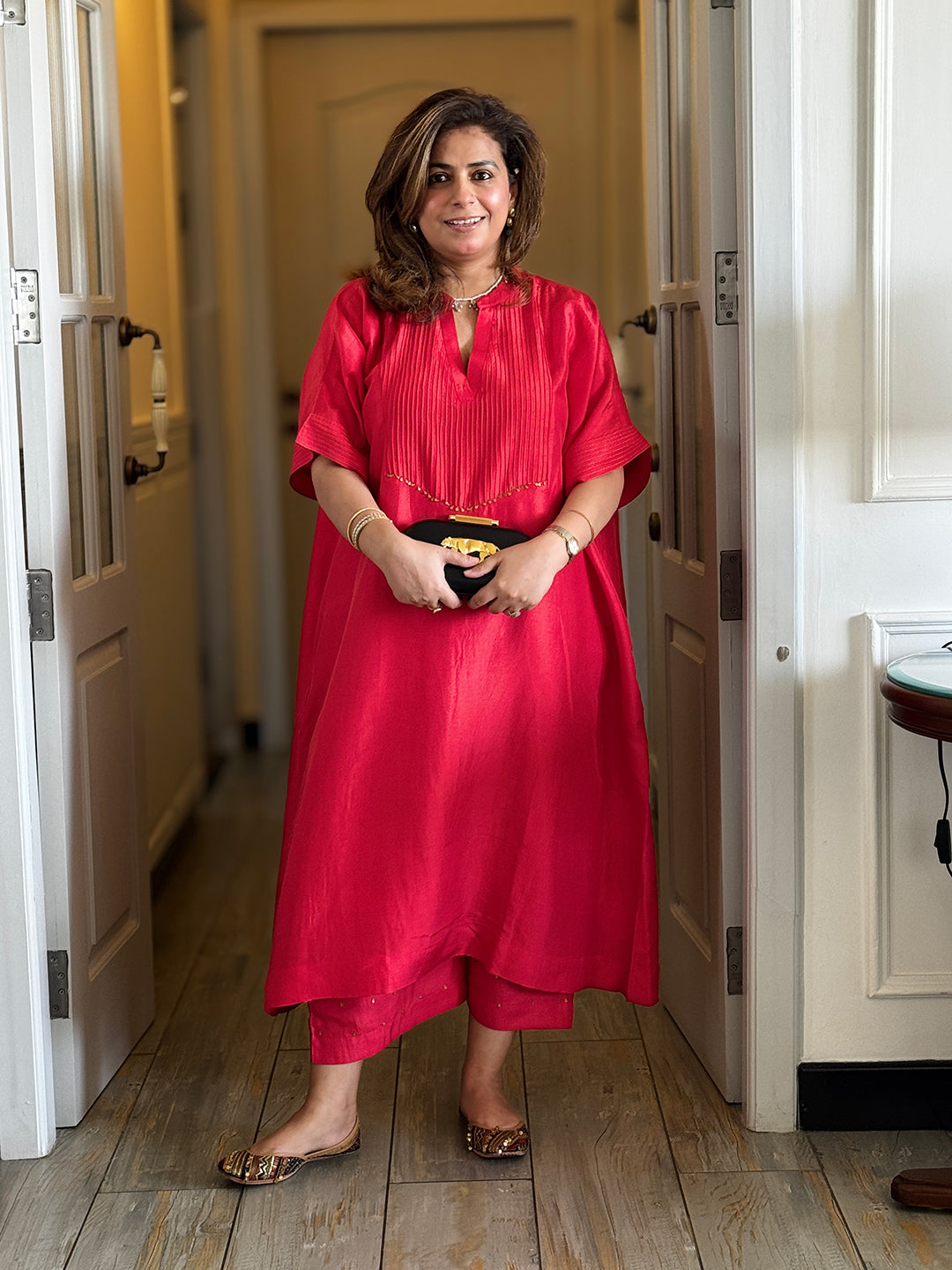 SITARA - Hibiscus Red Pure Silk Co-ord set (Loose Fit / One Size)