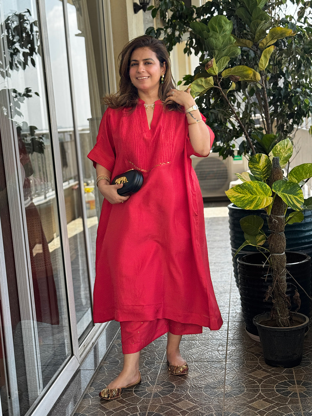 SITARA - Hibiscus Red Pure Silk Co-ord set (Loose Fit / One Size)