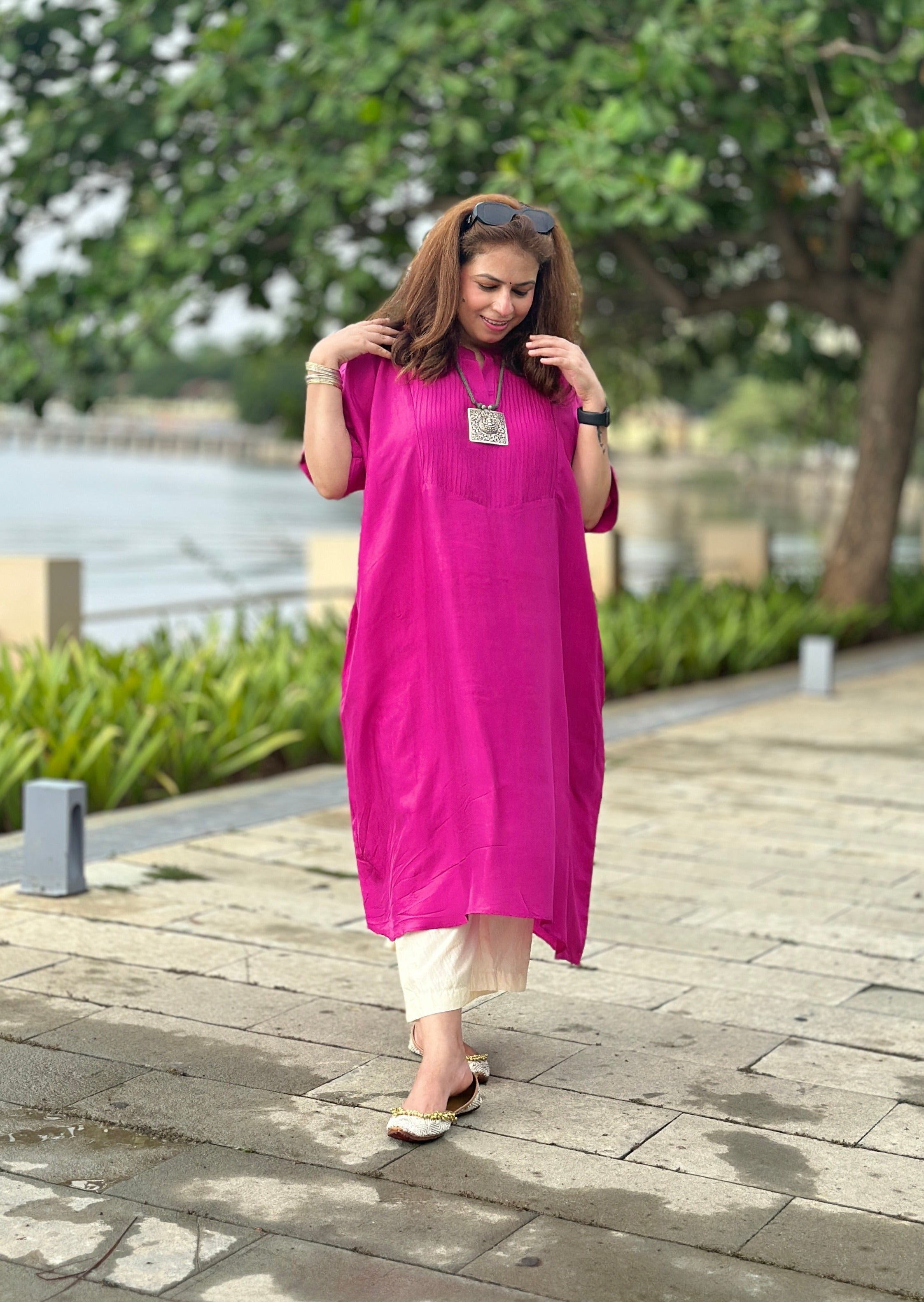 MEHER Fuchshia Pink Pure Silk Co-ord set (Loose Fit / One Size)