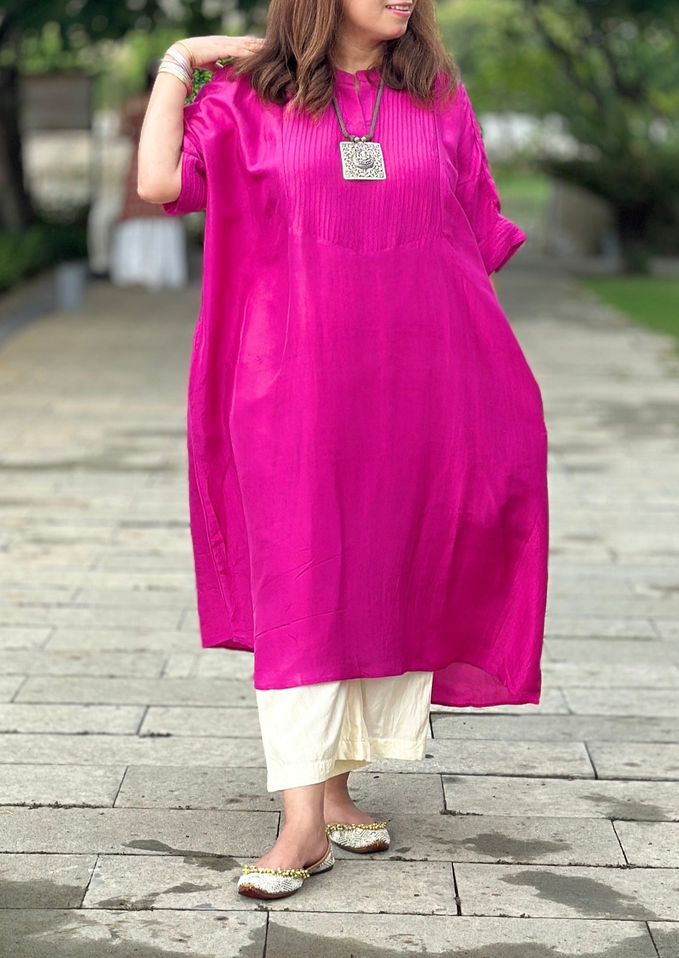 MEHER Fuchshia Pink Pure Silk Co-ord set (Loose Fit / One Size)