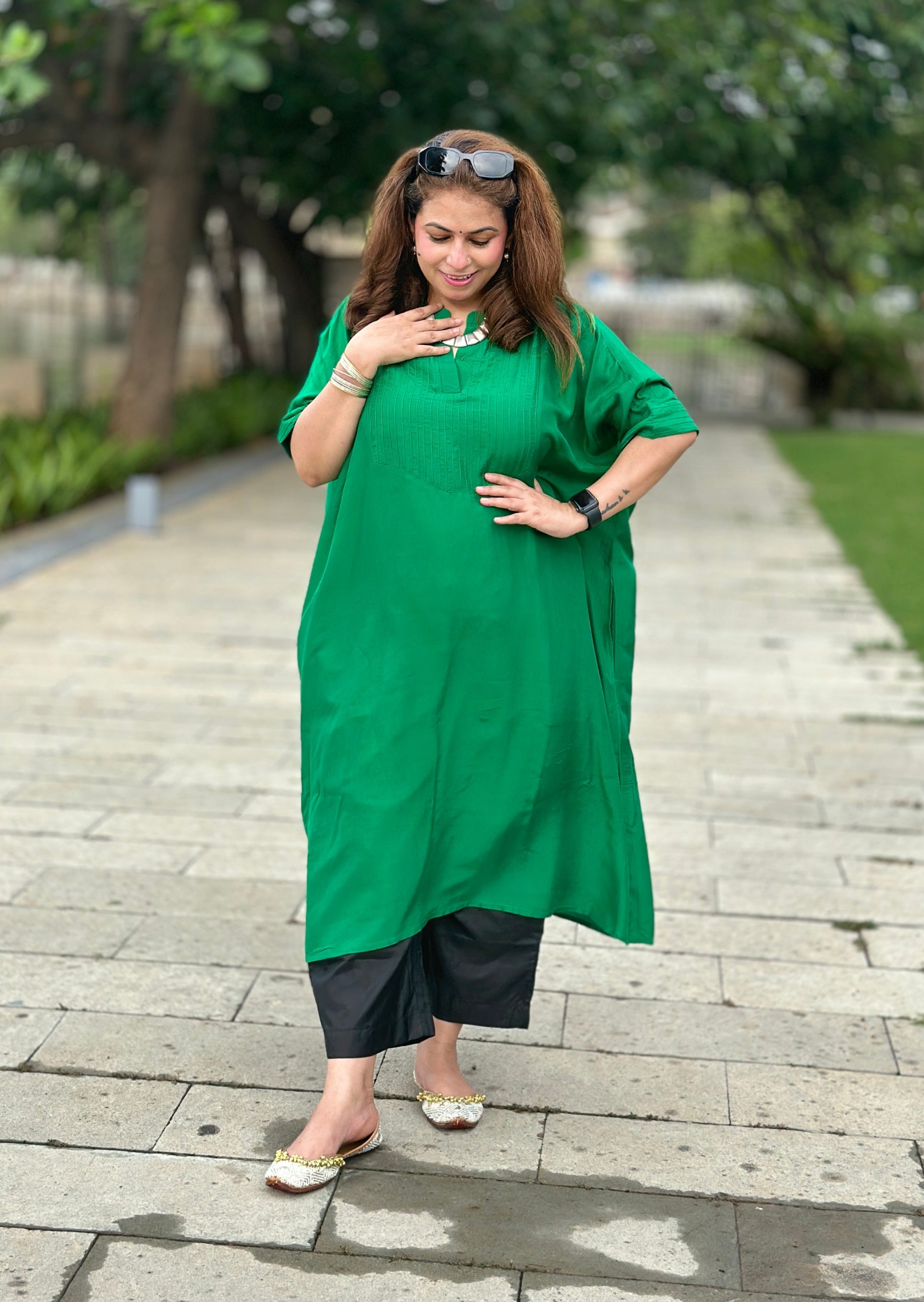 Deep Green with Solid Black Pure Silk Co-ord set (Loose Fit / One Size)