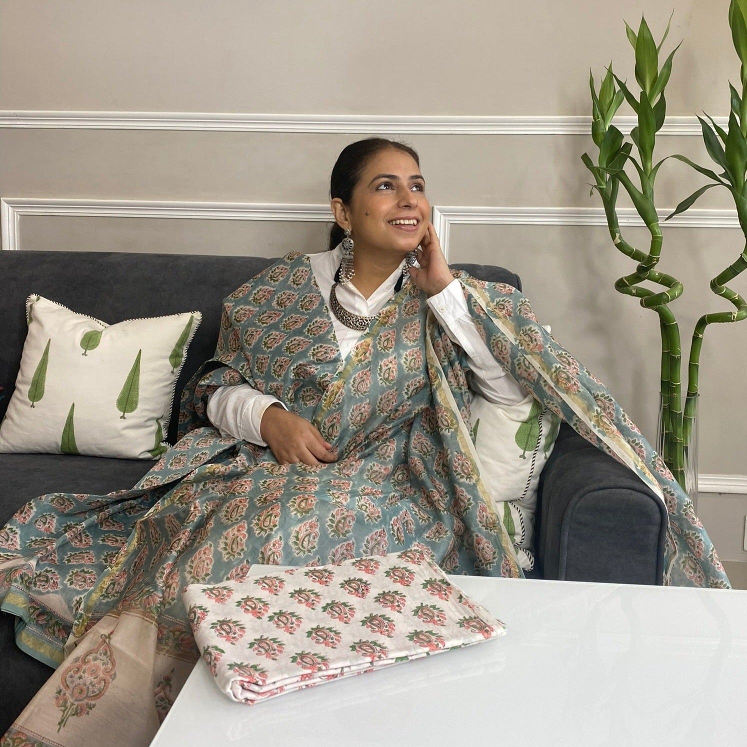 Green Booti Cotsilk Handblock 3 Piece Suit - Embrace Festive Elegance and Timeless Artistry