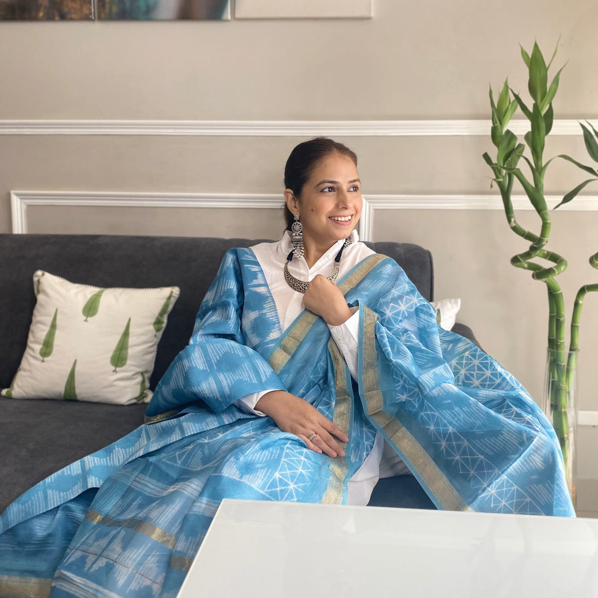 Sky Blue Bandhej Cotsilk Handblock 2 Piece Suit - Embrace Festive Elegance and Timeless Artistry