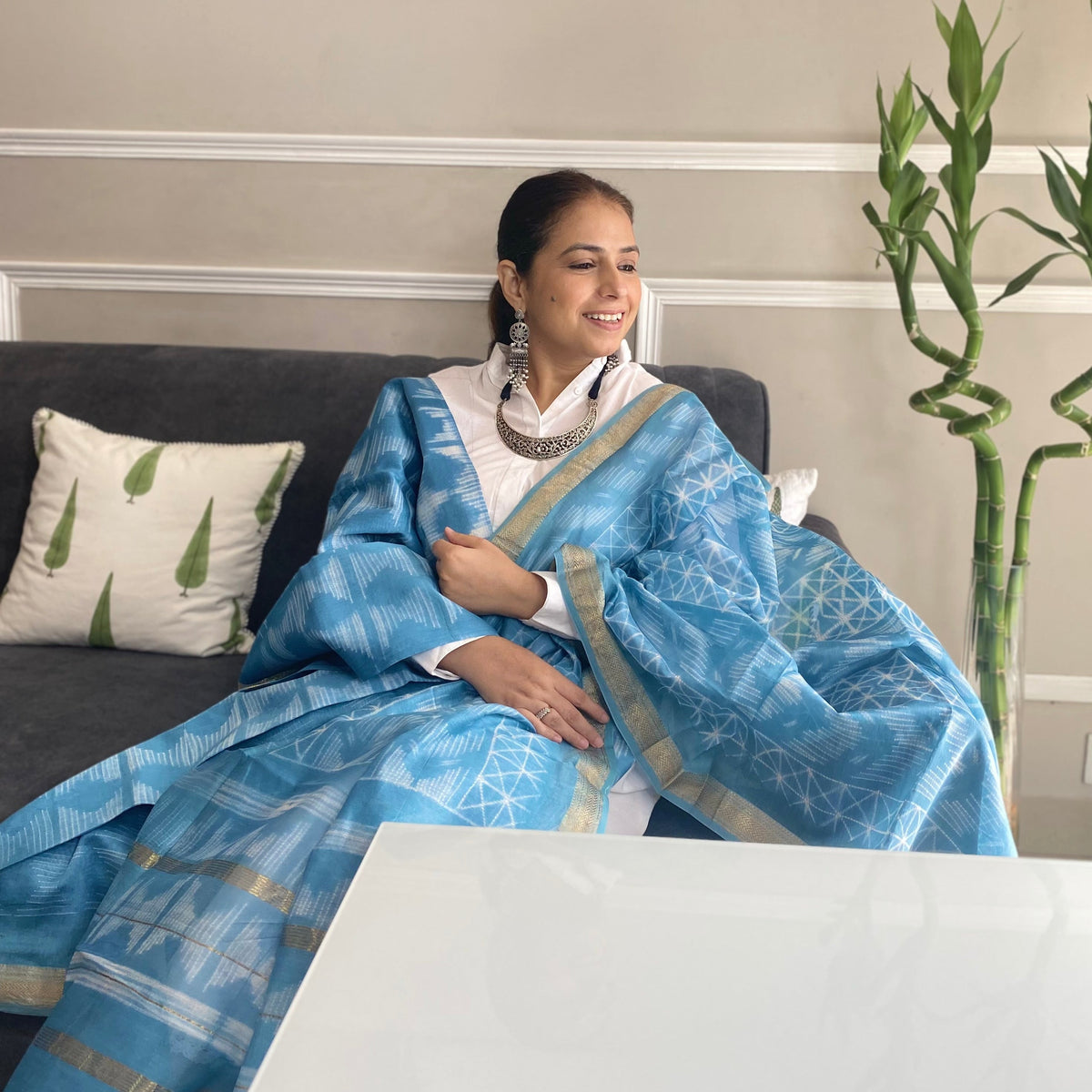 Sky Blue Bandhej Cotsilk Handblock 2 Piece Suit - Embrace Festive Elegance and Timeless Artistry