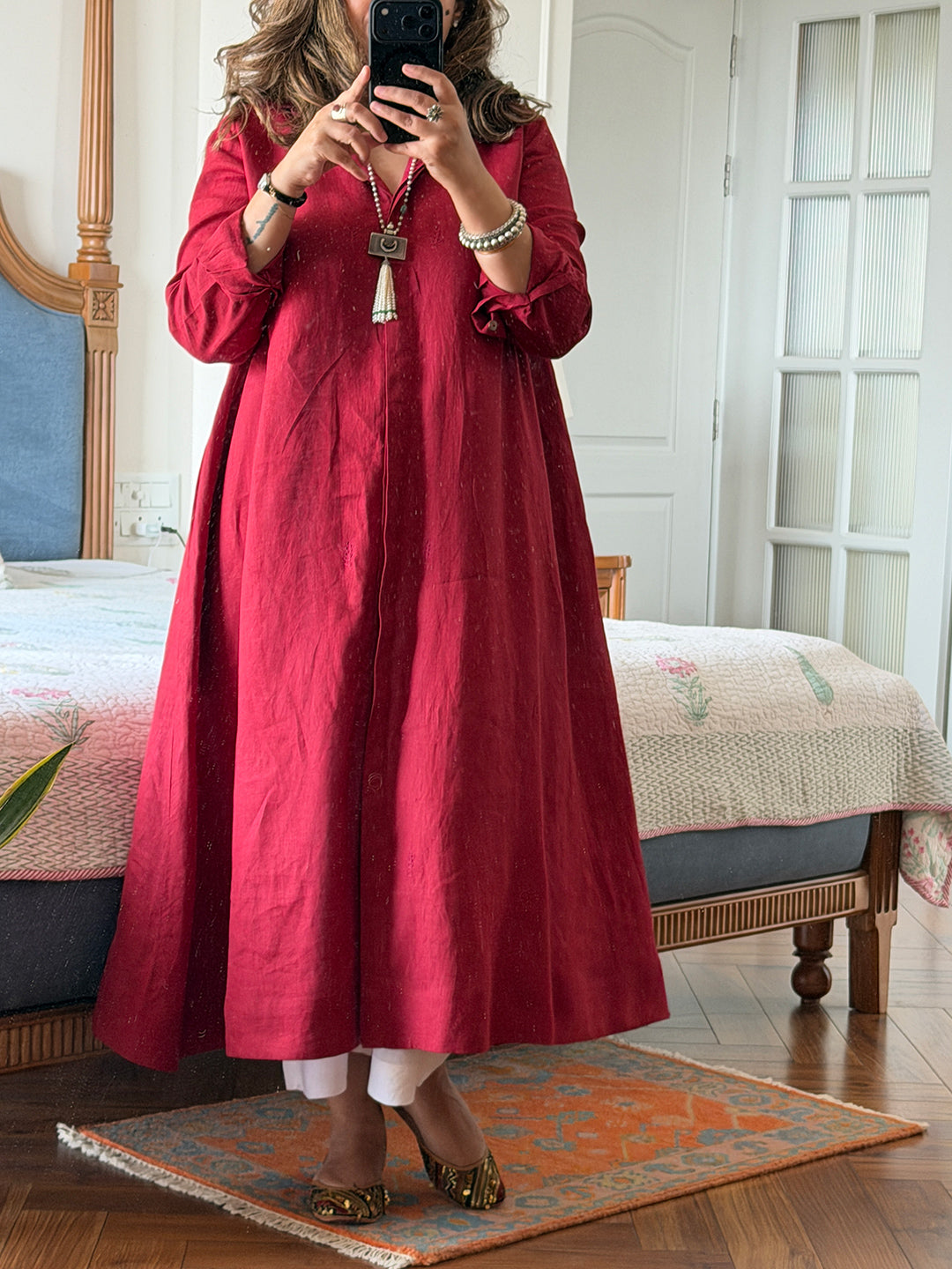 Navya - Deep Red Pure Linen Kurta Set