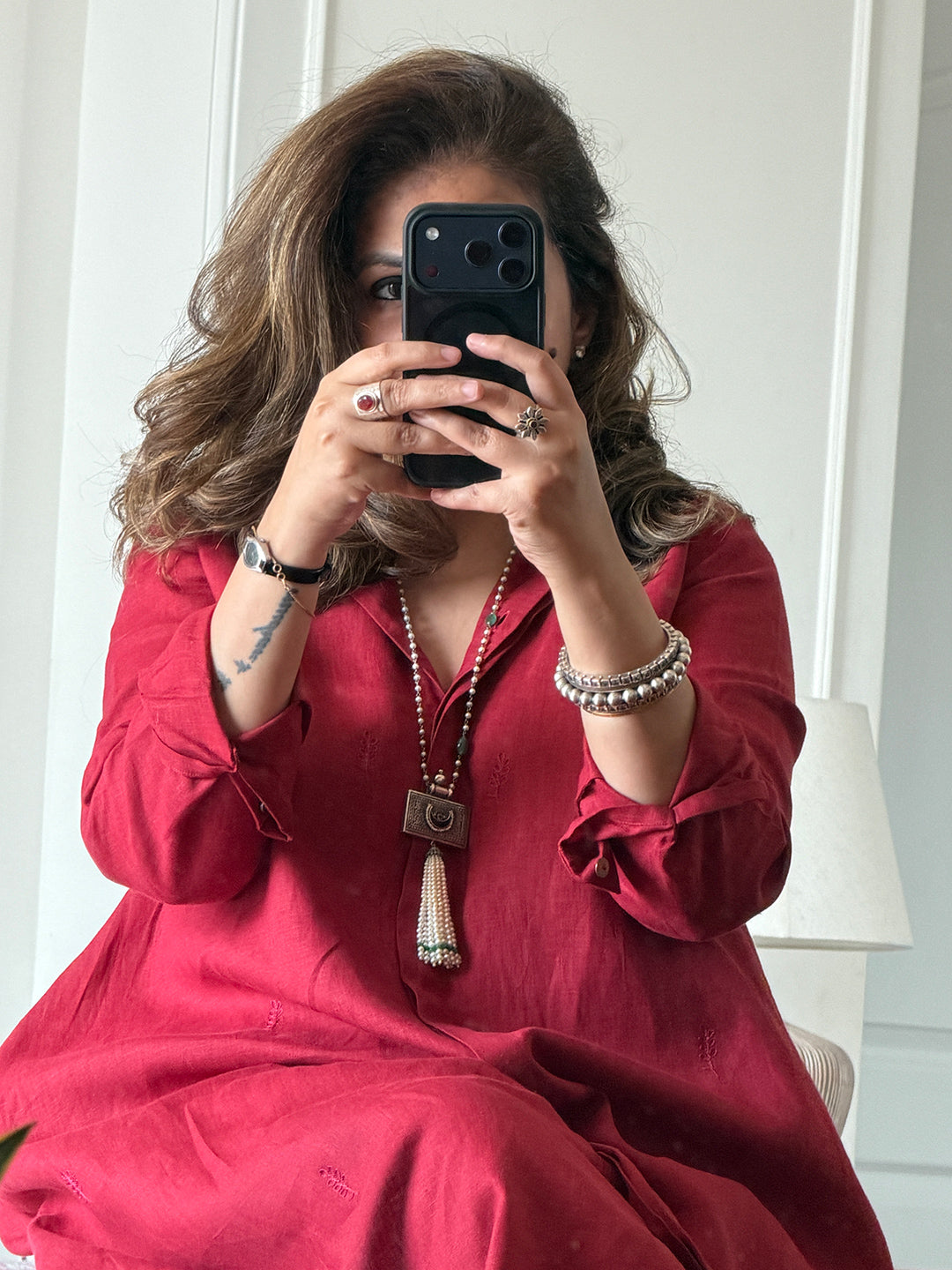 Navya - Deep Red Pure Linen Kurta Set