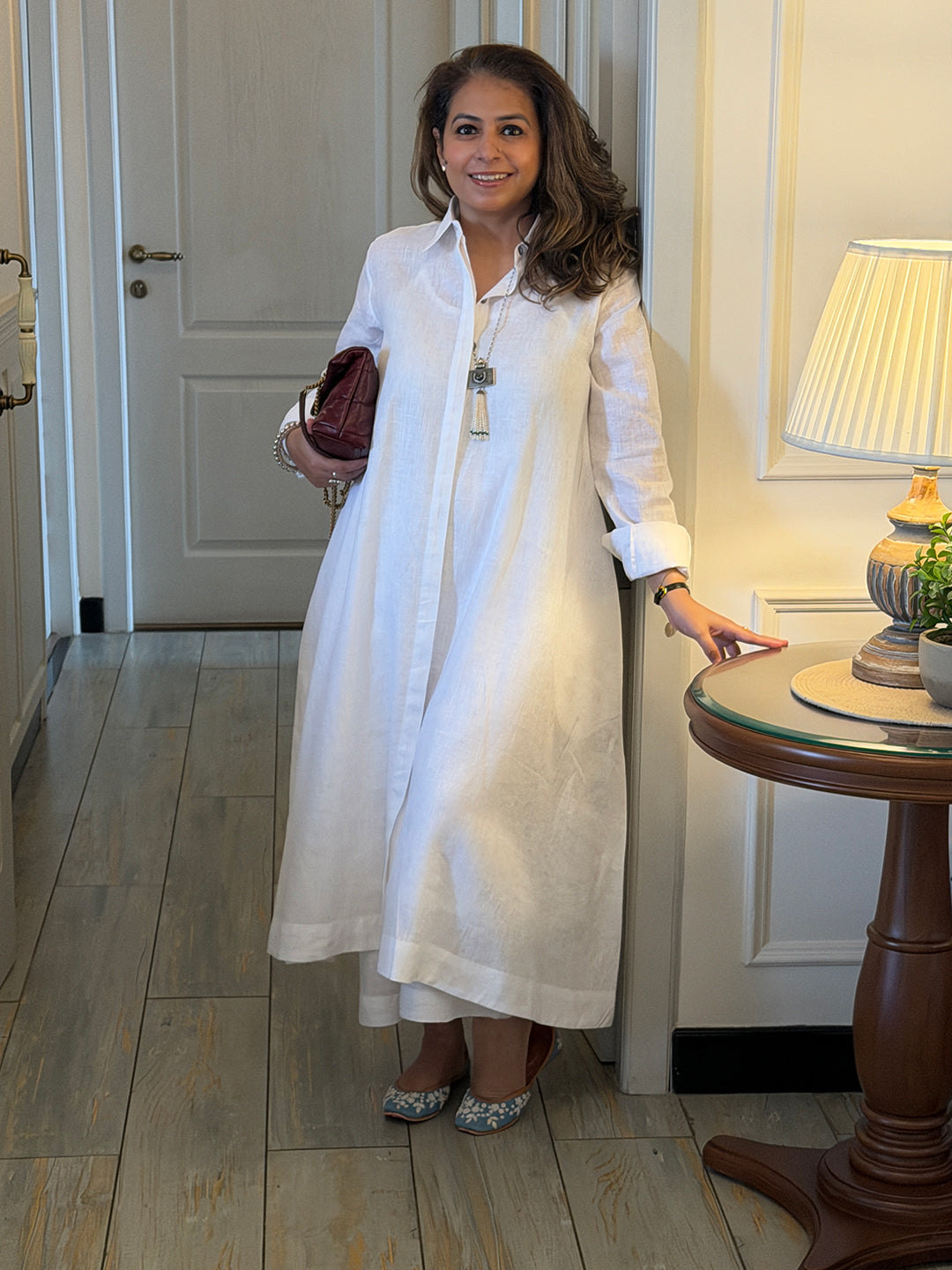 Navya - Snow White Pure Linen Kurta Set