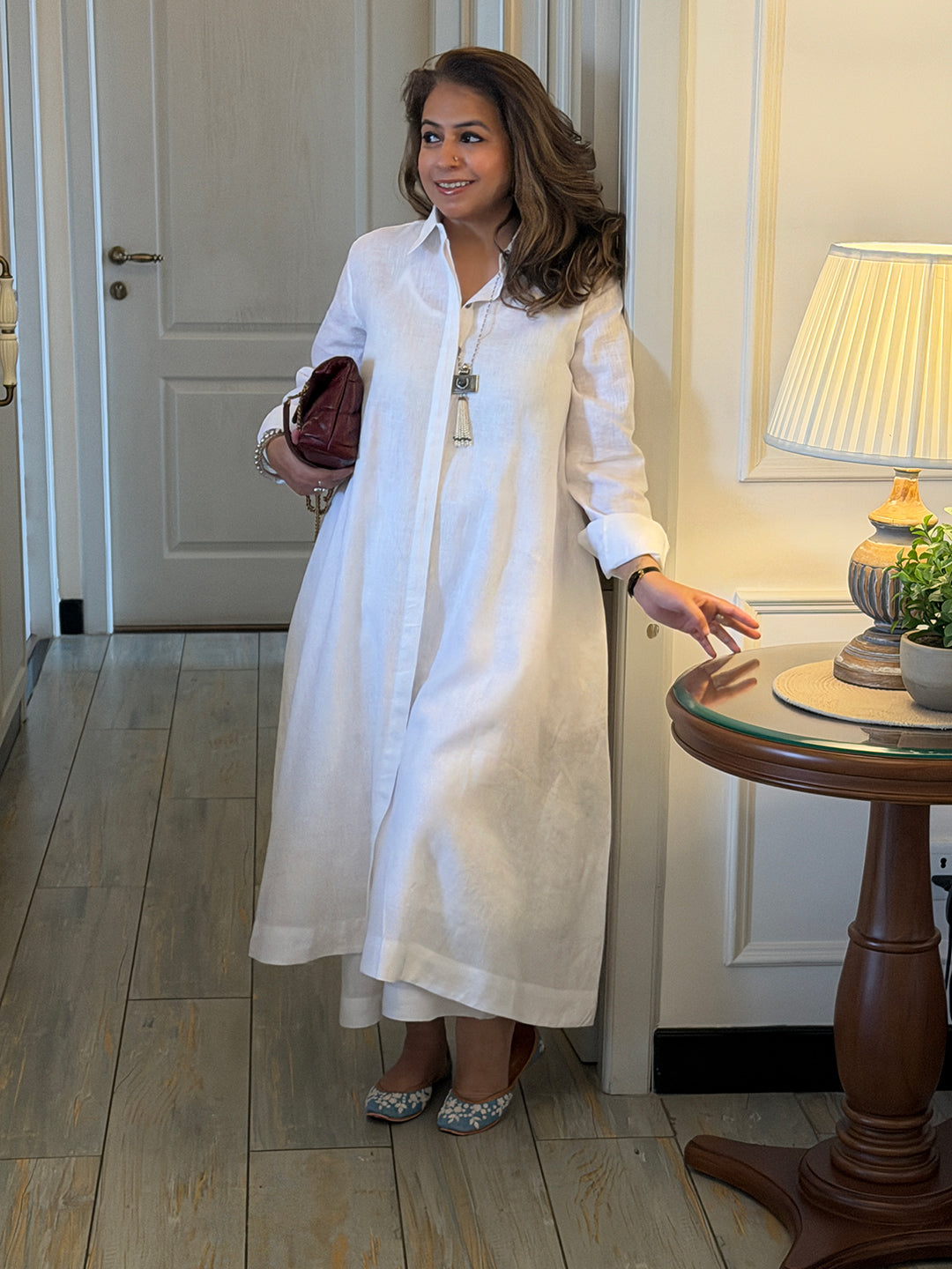 Navya - Snow White Pure Linen Kurta Set