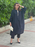 Neera - Nocturne Black Zari Silk Kurta Set (Loose Fit / One Size)