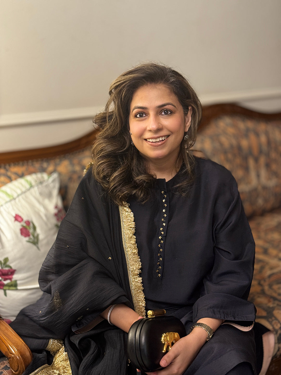 Featuring MuddnMe's dark black traditional silk kurta with gold trim on placket. Paired with Dupatta. 