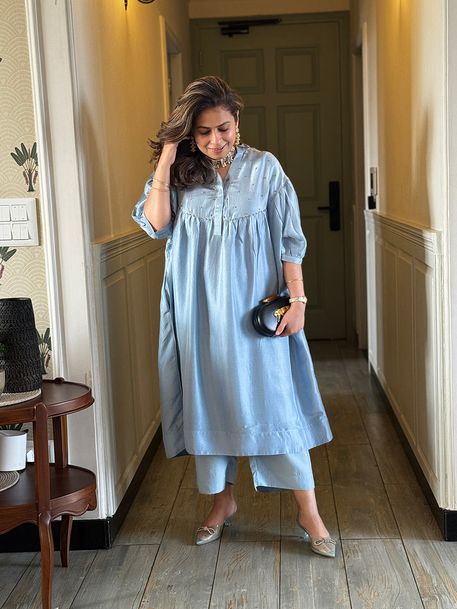 Mishri - Ocean Blue Pure Silk Kurta set (Loose Fit / One Size)