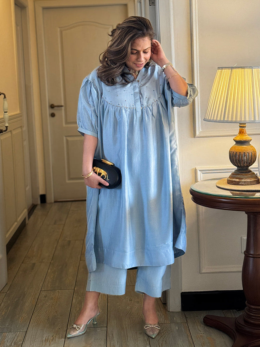 Mishri - Ocean Blue Pure Silk Kurta set (Loose Fit / One Size)