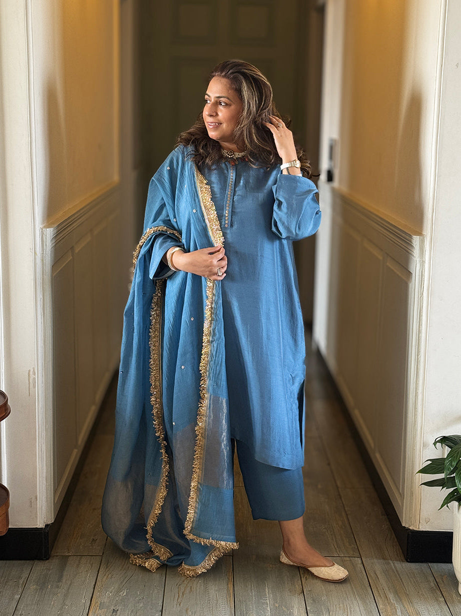Smoke Blue Silk Kurta Set