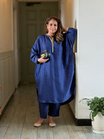 Neera - Midnight Blue Silk Embroidered Kurta (Loose Fit / One Size)